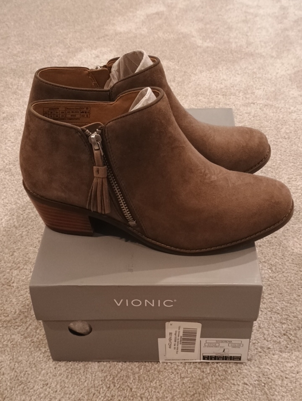 Vionic Serena Griege Suede Tassel Zip Ankle Booties